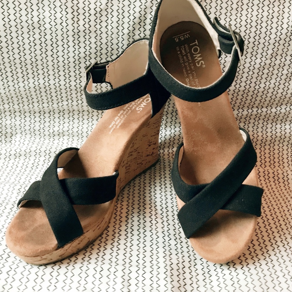 TOMS Black Strappy Wedge Sandal